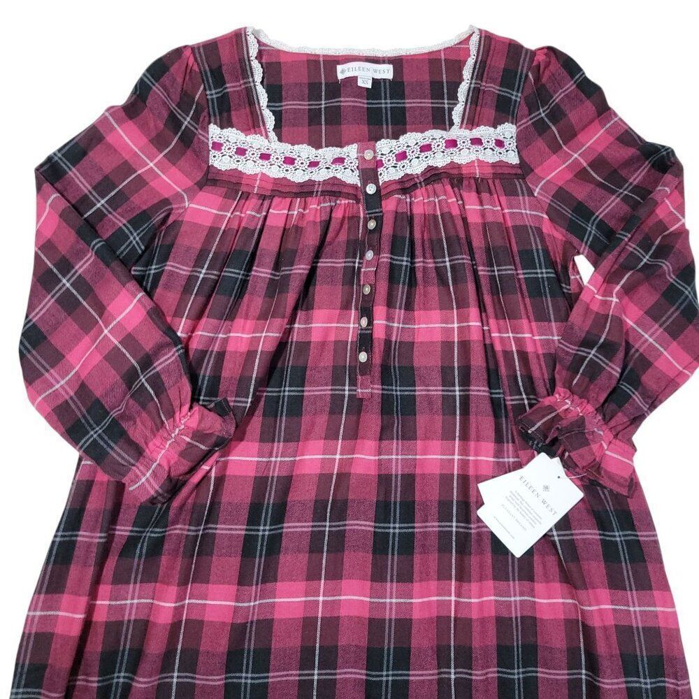 Eileen West Nightgown Womens Size XS Hollyberry Plaid Pajama Long Lace Cottage‎ - Picture 6 of 16